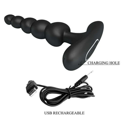 Corban Anal Beads with Vibration showing USB rechargeable cord and charging hole