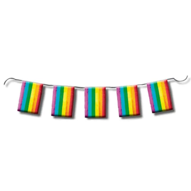 Garland of vibrant rainbow flags for Coronal LGBT+ Colors celebration, representing diversity and inclusion at Pride events.