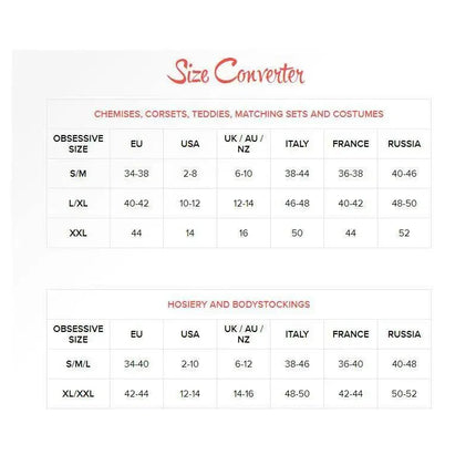 Size converter chart for Costume Gepardina 3 Pieces showing international sizes for Obsessive brand. Includes EU, USA, UK, Italy, France, Russia.