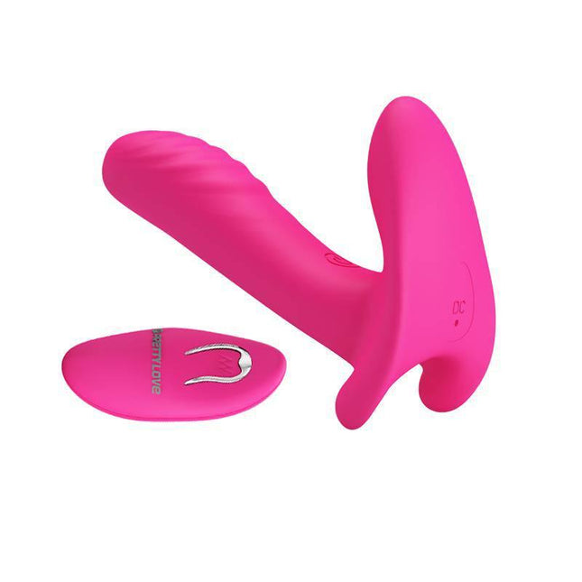 Bright pink Couple Stimulator Remote Control USB with silicone shaft in profile view.