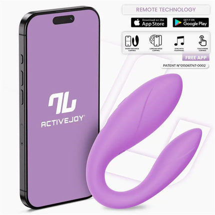 Couple Toy with App Flexible Silicone Lavender shown with compatible ActiveJoy app interface on smartphone.