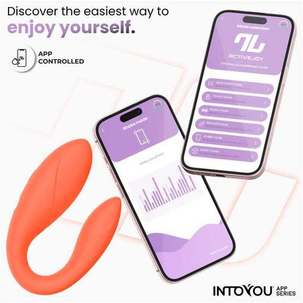 Couple Toy with App Flexible Silicone Salmon shown with ActiveJoy® app interface for remote intimacy control.