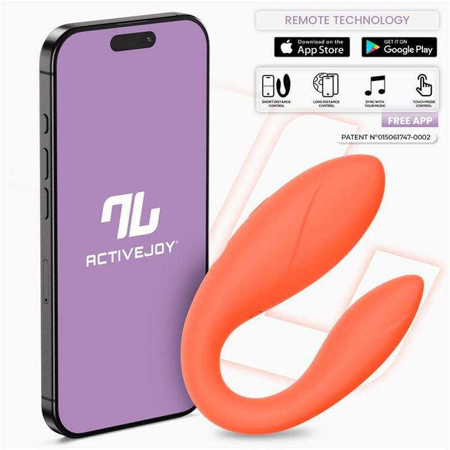 Couple Toy with App Flexible Silicone Salmon alongside smartphone showing ActiveJoy® app interface.