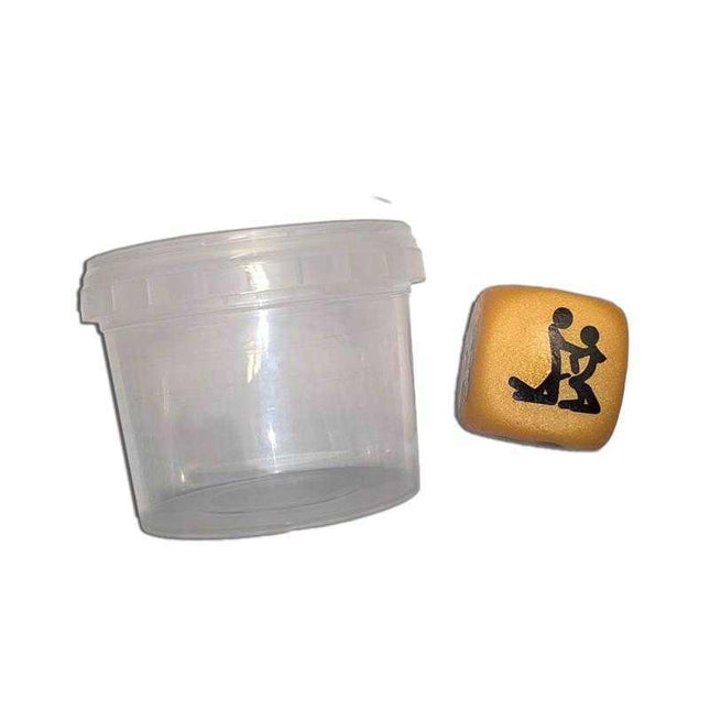 Couples Dice Set with Suggestive Phrases featuring a container and dice with suggestive positions, perfect for spicing up intimate moments.