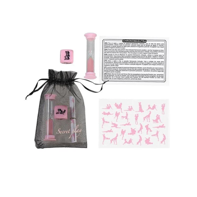 Couples Game Cronomasutra set with dice, hourglass, and posture table for adult play.