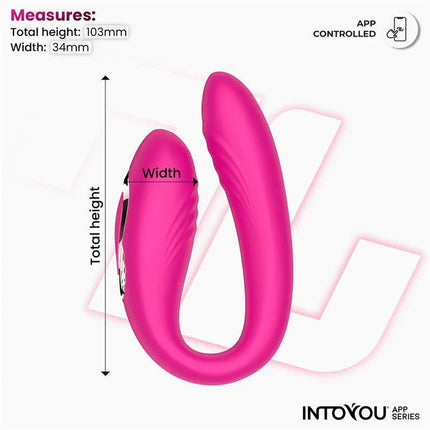 Couty Couples Toy 360º Oscilation with APP showcasing dimensions and app control features in vibrant pink design.