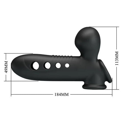 Black silicone Crane Penis Sleeve with inflation function showing dimensions for enhanced thickness and sensation.