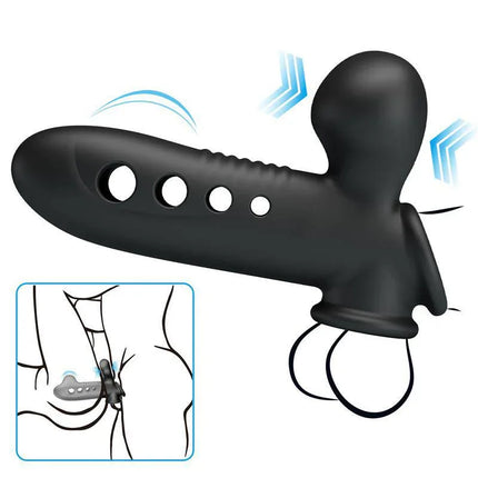 Crane Penis Sleeve with inflation function in black silicone, featuring inflation capability for enhanced sensation and longer performance.