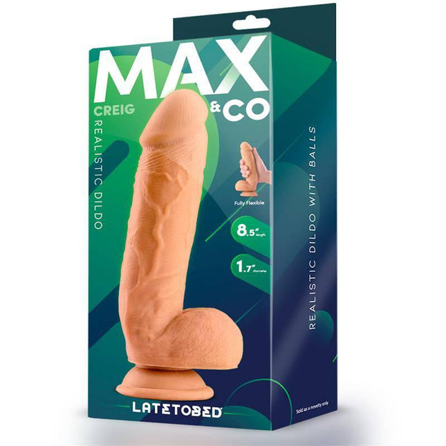 Creig Realistic Dildo with Testicles 8.5 Flesh in packaging by Max & Co, lifelike design for authentic stimulation, flexible and body-safe.