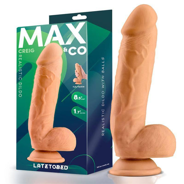Creig Realistic Dildo with Testicles 8.5 Flesh in packaging, showcasing lifelike details and design for authentic pleasure.