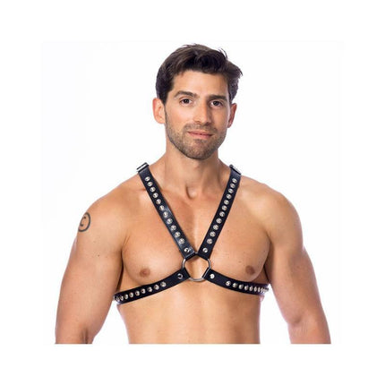 Model wearing Cross Adjustable Leather Harness with studded design, showcasing customizable fit and durable construction.