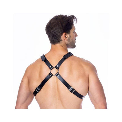 Man showcasing Cross Adjustable Leather Harness with black straps and ring detail, highlighting comfort and versatility in use.