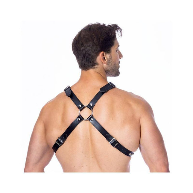 Man showcasing Cross Adjustable Leather Harness with black straps and ring detail, highlighting comfort and versatility in use.