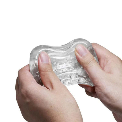 Hands holding Crystle 3d Masturbator Double Sided, showing soft texture and double entrances for enhanced solo pleasure.