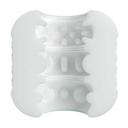 Crystle Dual Stroker with Textured Tunnel, manual masturbator with double-entry and stretchy channel in white TPE material.