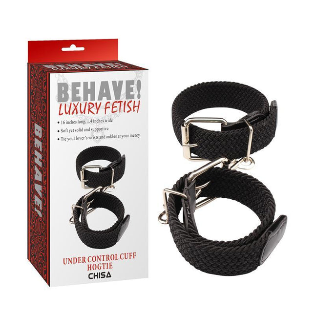 Cuff Hogtie Under Control in black, designed for secure wrist and ankle restraint, featuring adjustable buckles and soft materials.