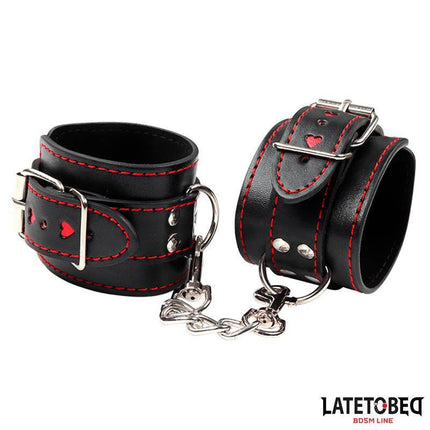 Cuff with Chain and Hearts featuring durable PU and metal, designed for couples seeking thrill and style in BDSM play from Latetobed line.