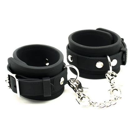 Black Cuffs Silicone restraints for wrists and ankles with adjustable sizing and metal chain link