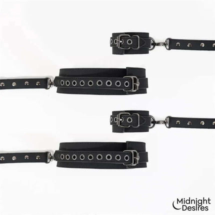 Cuffs and Thigh Hogtie Set with black adjustable straps and buckles for bondage play