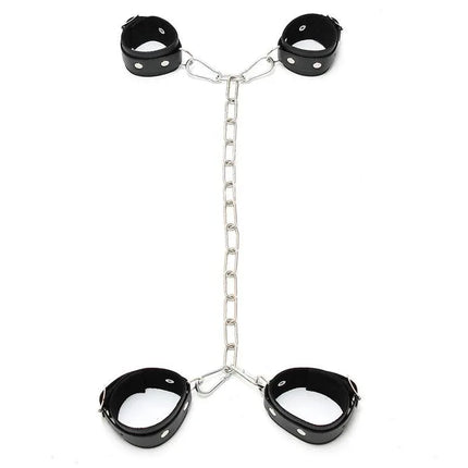 Cuffs with Metal Chain Adjustable in black leather with metal links for secure wrist or ankle restraint, featuring carbine hooks.
