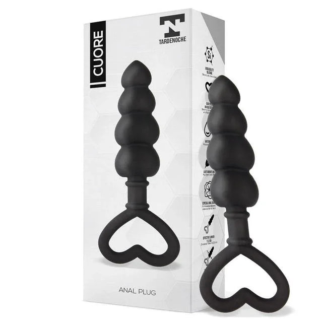 Cuore Anal Plug Silicone Black with heart-shaped base, waterproof and body-safe, in packaging.