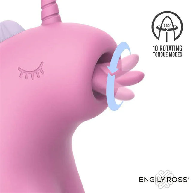 Cupcake 360º Rotating Tongue Massager in pink, unicorn-shaped with 10 distinct modes for versatile clitoral stimulation.