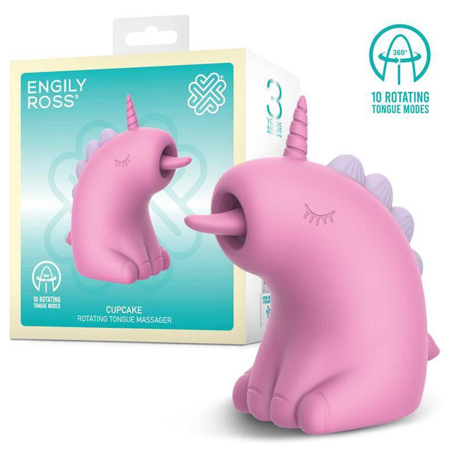 Pink unicorn-shaped Cupcake 360º Rotating Tongue Massager for clitoral stimulation with packaging.