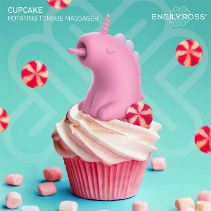 Cupcake 360º Rotating Tongue Massager in unicorn shape, pink color, on a cupcake background with candy details.