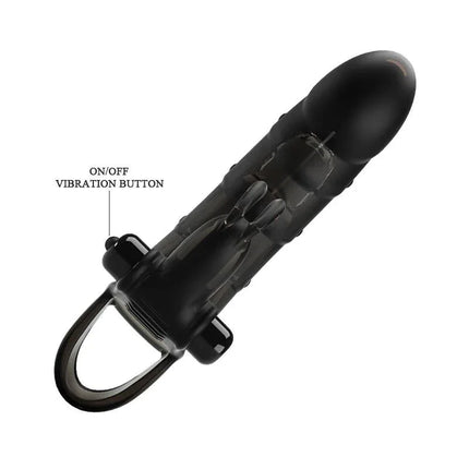 Cuper Penis Sleeve with Vibration featuring ten vibration functions and clitoral stimulator for enhanced solo or couple play.