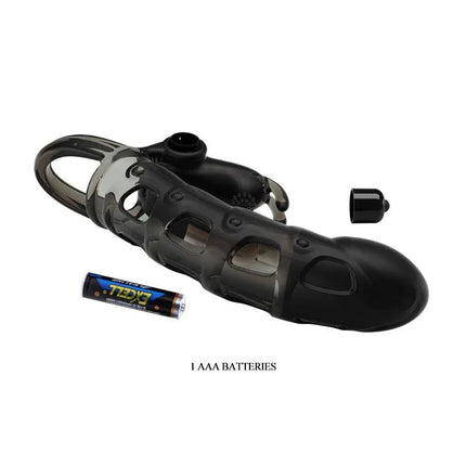 Cuper Penis Sleeve with Vibration featuring ten patterns and clitoral stimulator, includes AAA battery, for enhanced intimacy and pleasure.