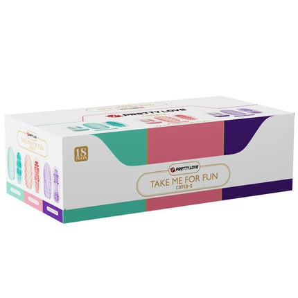 Cupid-X Display 18 Men Masturbator packaging with vibrant colors and product detail images on the side.