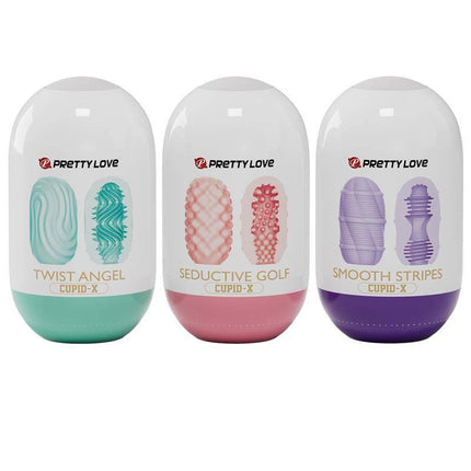 Cupid-X Display 18 Men Masturbator collection featuring Twist Angel, Seductive Golf, and Smooth Stripes textured sleeves.