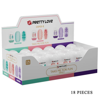Cupid-X Display 18 Men Masturbator collection with textured sleeves in a colorful display box, featuring 18 pieces for solo play.