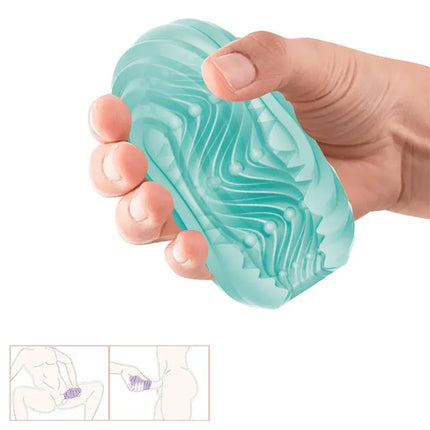 Hand holding Cupid-X Display 18 Men Masturbator with textured sleeve for solo exploration.