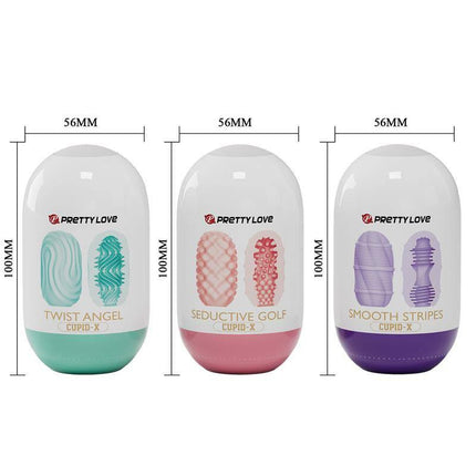 Cupid-X Display 18 Men Masturbator showcasing Twist Angel, Seductive Golf, and Smooth Stripes textured sleeves for solo play.