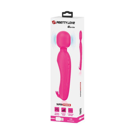Curtis Massager with Clitoris Stimulator in pink packaging featuring 7 vibration settings and 5 intensity levels for personalized pleasure.