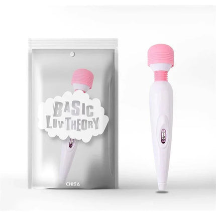 Curve Massager ABS+Silicone 18.4*f3.4cm with pink head and white handle next to its packaging labeled 'Basic Luv Theory'.