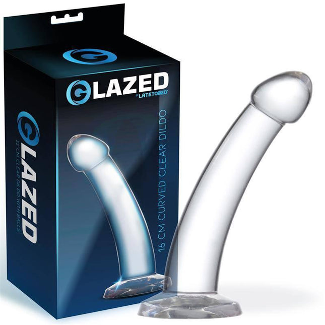 Curved Dildo Crystal Material 16 cm with packaging, crystal clear design, enhances stimulation, flexible for solo or shared use.