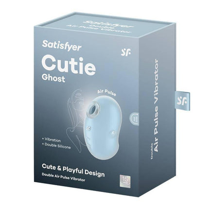 Box of Satisfyer Cutie Ghost Blue air pulse vibrator with soft silicone and powerful features.