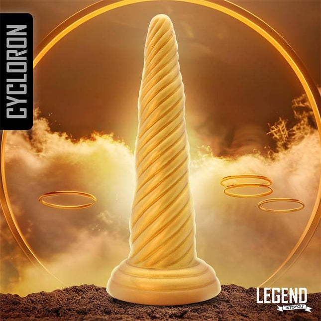 Cycloron Liquid Silicone Dildo 20,3 cm with spiral design and glowing background, by Legend Dildos.
