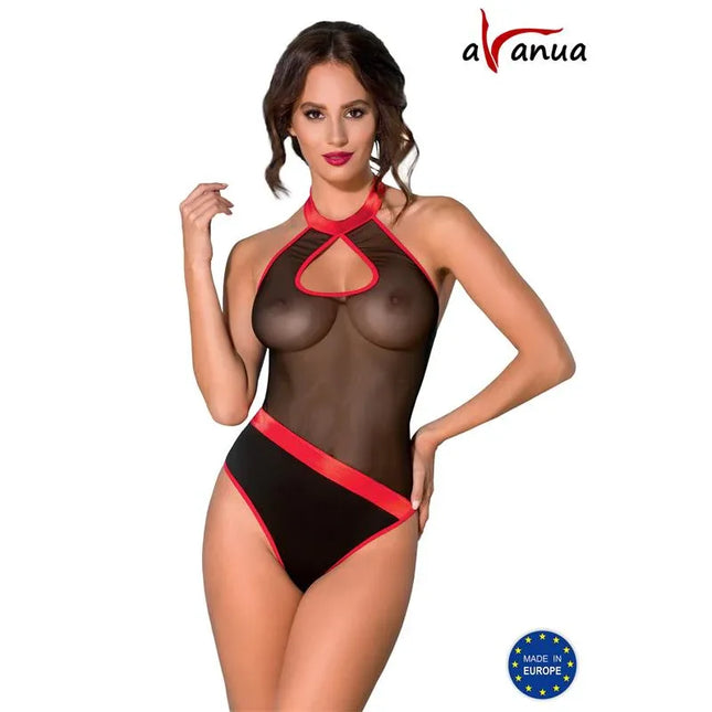 CYRA Body Black/Red in semi-transparent mesh showing bold and sexy design with matte black bottom and bright red accents.