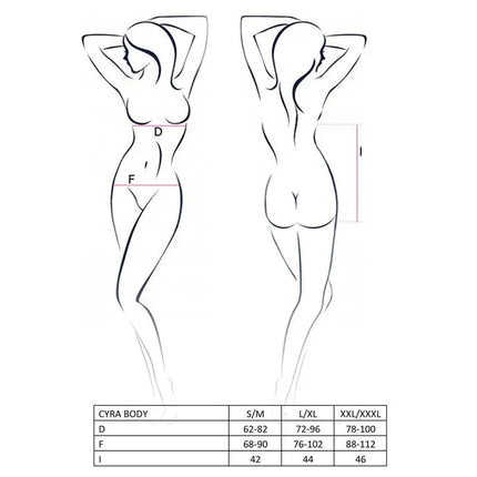 CYRA Body Black/Red size guide with measurements for D, F, I dimensions in S/M, L/XL, XXL/XXXL.