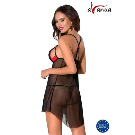 CYRA Chemise Red/Black semi-transparent lingerie with red bust detail, featuring confident silhouette, made in Europe by Avanua.