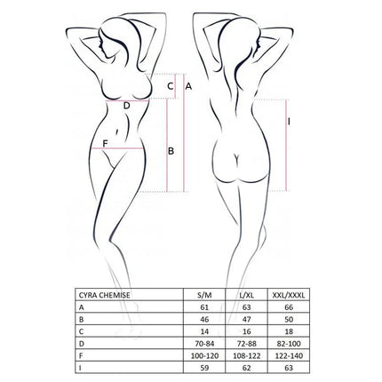 CYRA Chemise Red/Black size chart detailing measurements for S/M, L/XL, XXL/XXXL.