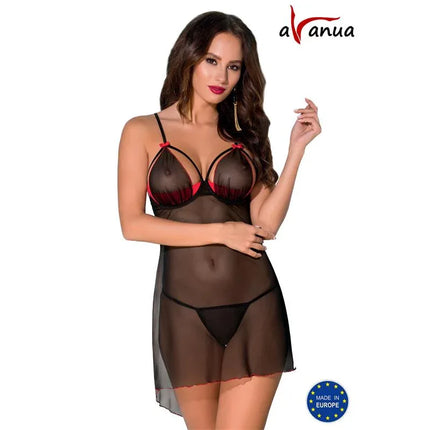 CYRA Chemise Red/Black semi-transparent lingerie with red bust detailing