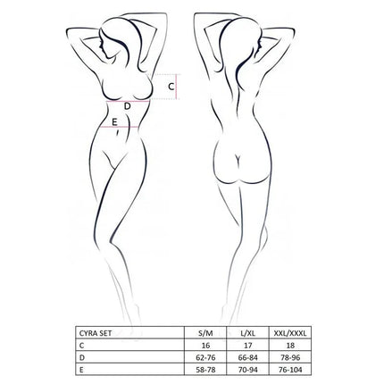 CYRA Set Black/Red size guide diagram with measurements for S/M, L/XL, XXL/XXXL in bust, waist, and hip sections.