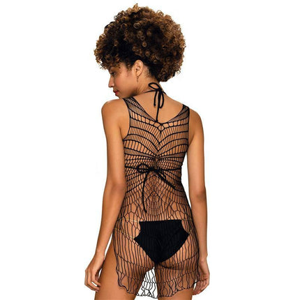 Back view of model wearing the D607 Fishnet Dress, showcasing the flirty fishnet fabric and sleek boat neckline design.