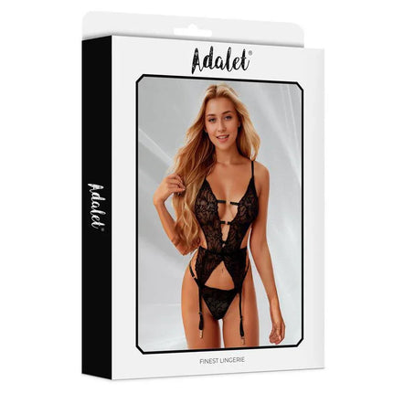 Adalet Daisy Babydoll with Garter in black floral lace packaging, showcasing the semi-sheer lingerie set for women.