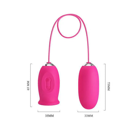 Daisy Vibrating Egg with Licking Tongue Pink, dual-stimulation toy with 12 vibration functions and 3 licking functions, shown with dimensions.