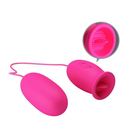 Daisy Vibrating Egg with Licking Tongue Pink featuring dual-stimulation design for enhanced pleasure, shown in a close-up of its features.